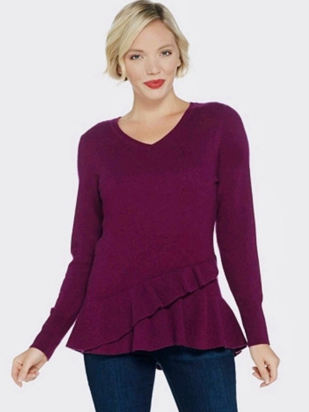 Isaac Mizrahi Live 100% Cashmere Knit Plum Purple V-Neck Ruffled Peplum Sweater